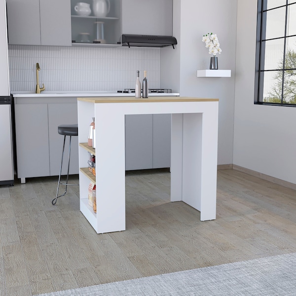 Portree Kitchen Island With 3-Side Shelves -White / Macadamia